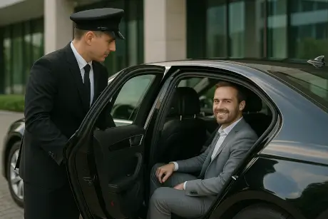 Professioneller Chauffeurservice mit stilvollem Fahrer und glücklichem Passagier im Luxusfahrzeug.