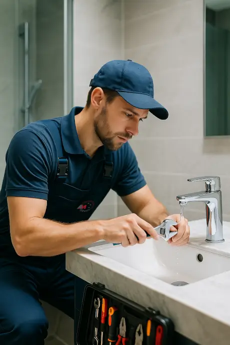 Ein Klempner repariert einen Wasserhahn in einem modernen Waschbecken.