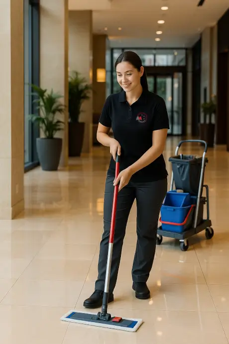 Eine Frau in Uniform benutzt einen Mop bei einem professionellen Reinigungsdienst.