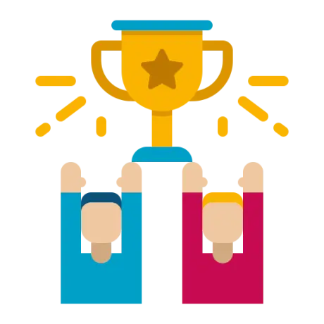 Trophäe mit feiernden Personen, die Erfolg und Teamarbeit symbolisieren.
